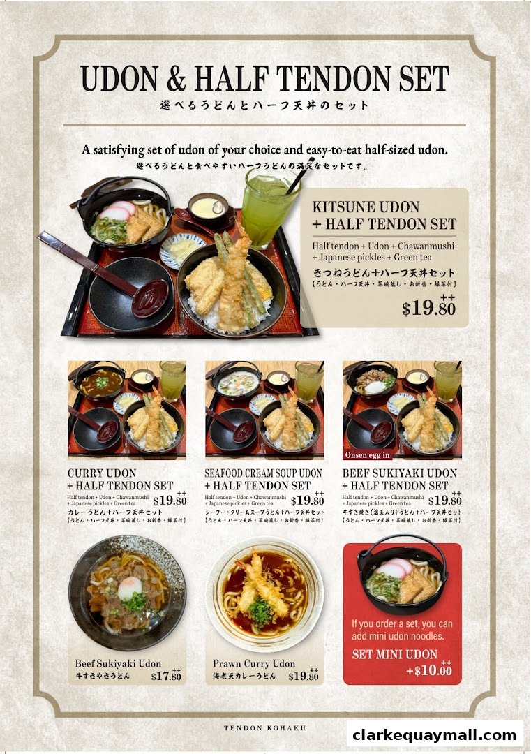 A menu showcasing various Udon and Half Tendon sets with prices and descriptions.