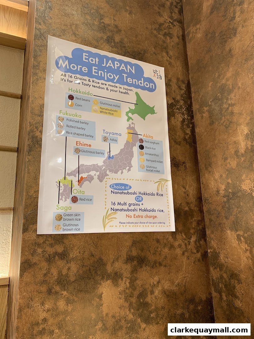 A poster detailing Japanese rice and grain options for Tendon dishes.