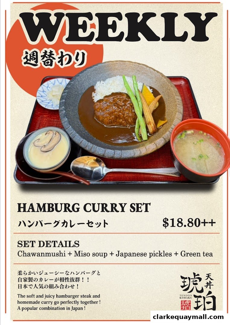 A weekly special Hamburg Curry Set with chawanmushi, miso soup, pickles, and green tea.
