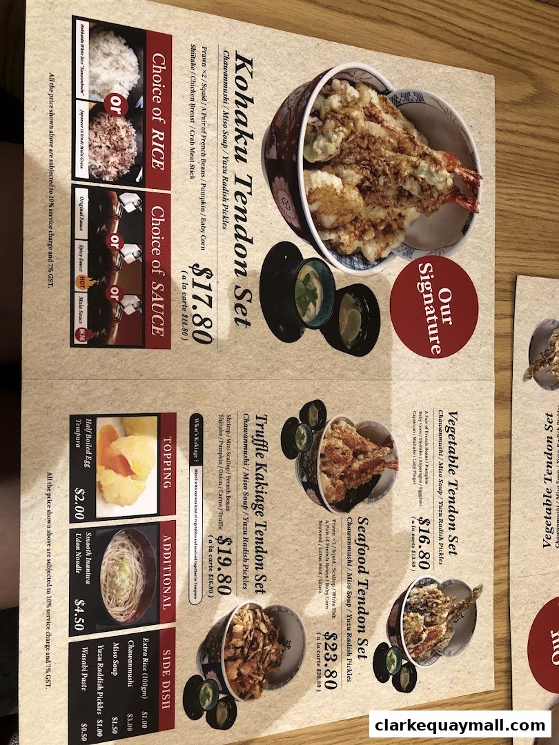 A menu from Tendon Kohaku featuring various tendon sets, side dishes, and toppings.