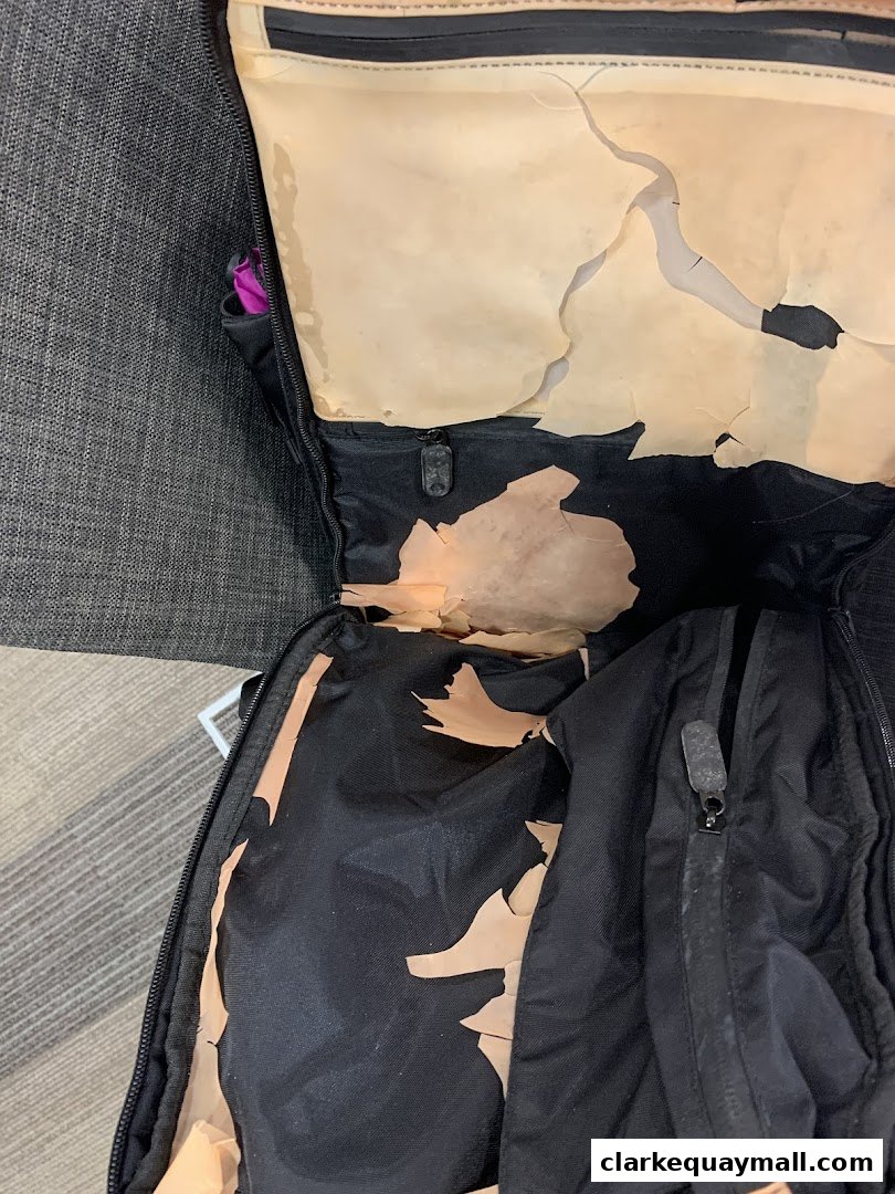 Interior of a damaged black bag with peeling lining and a purple item inside.