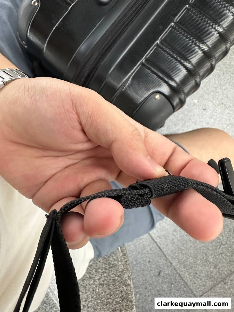 A close-up of a hand holding a black strap with a suitcase in the background.