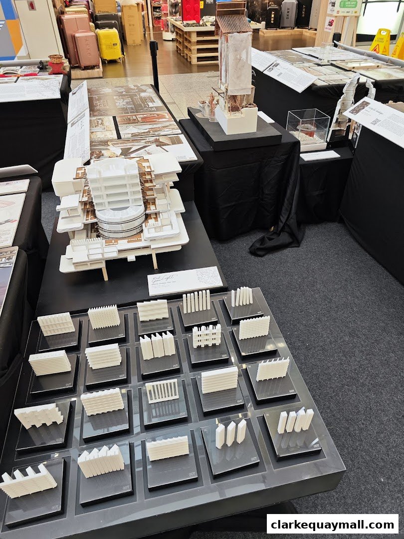 Architectural models and design elements displayed on tables in a retail setting.