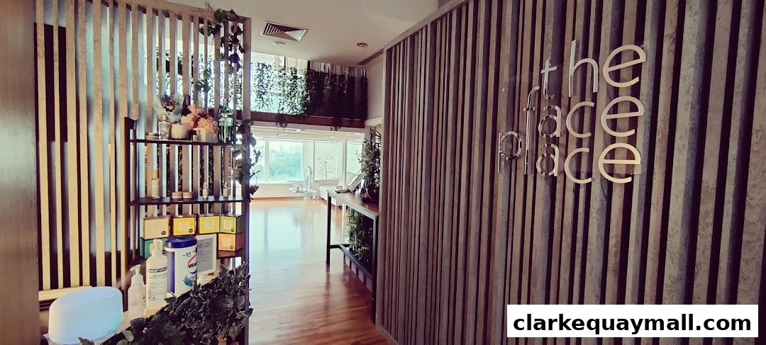 Interior view of The Face Place, showcasing a reception area with products and a serene treatment room.