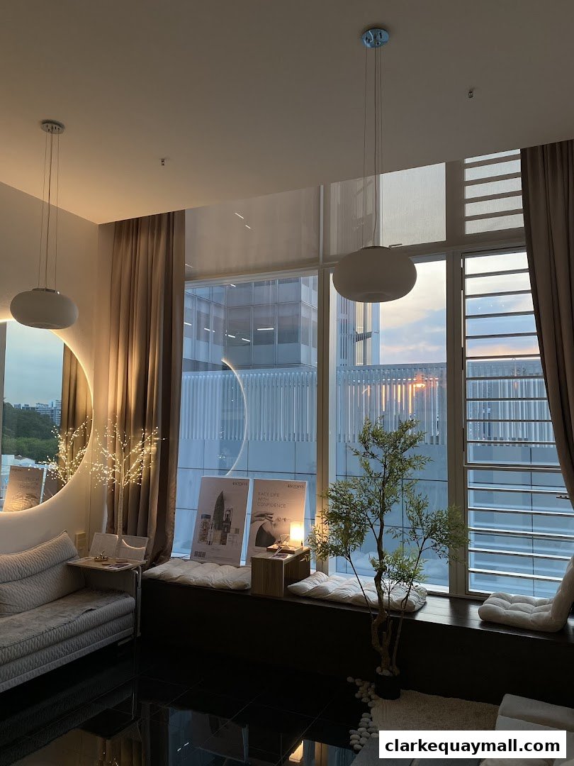 A stylish waiting area with a sofa, plants, and large windows overlooking a cityscape.