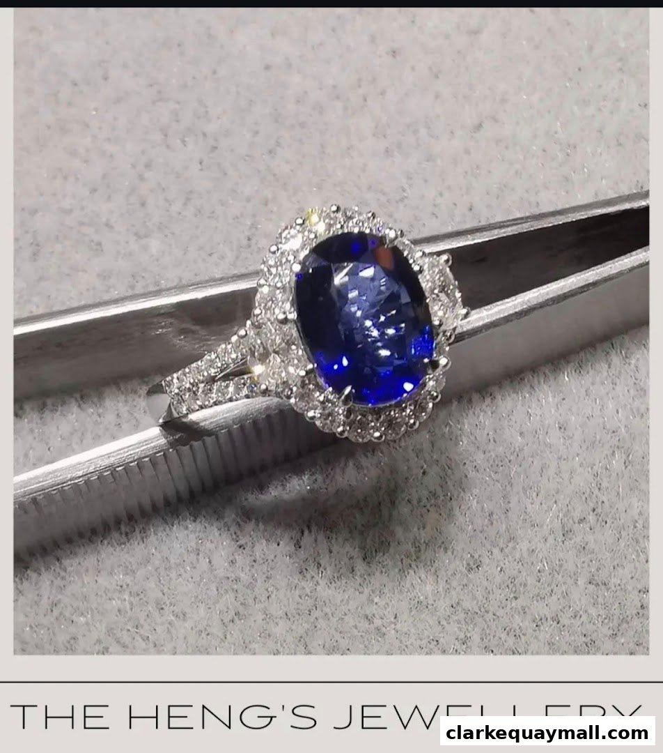 A stunning oval sapphire and diamond ring held by tweezers on a textured surface.