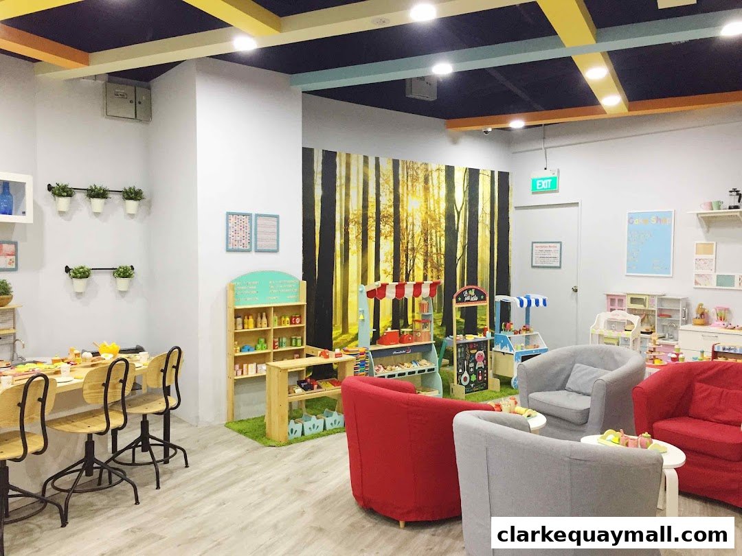 Interior of a toy store with play areas, miniature shops, and seating.