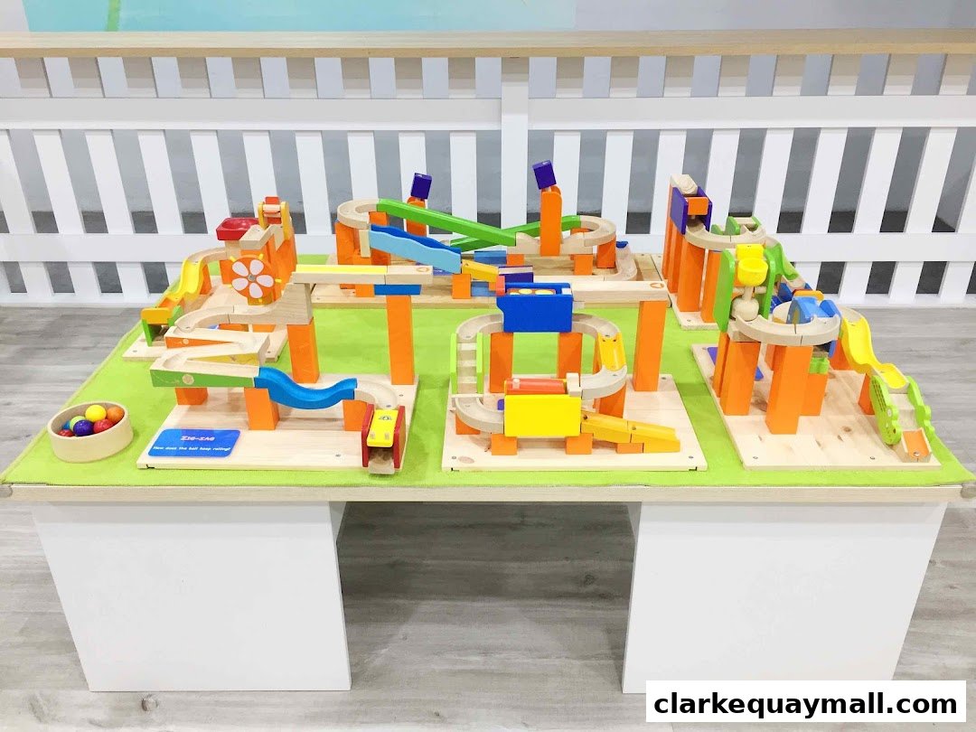 A colorful wooden marble run toy set displayed on a table.