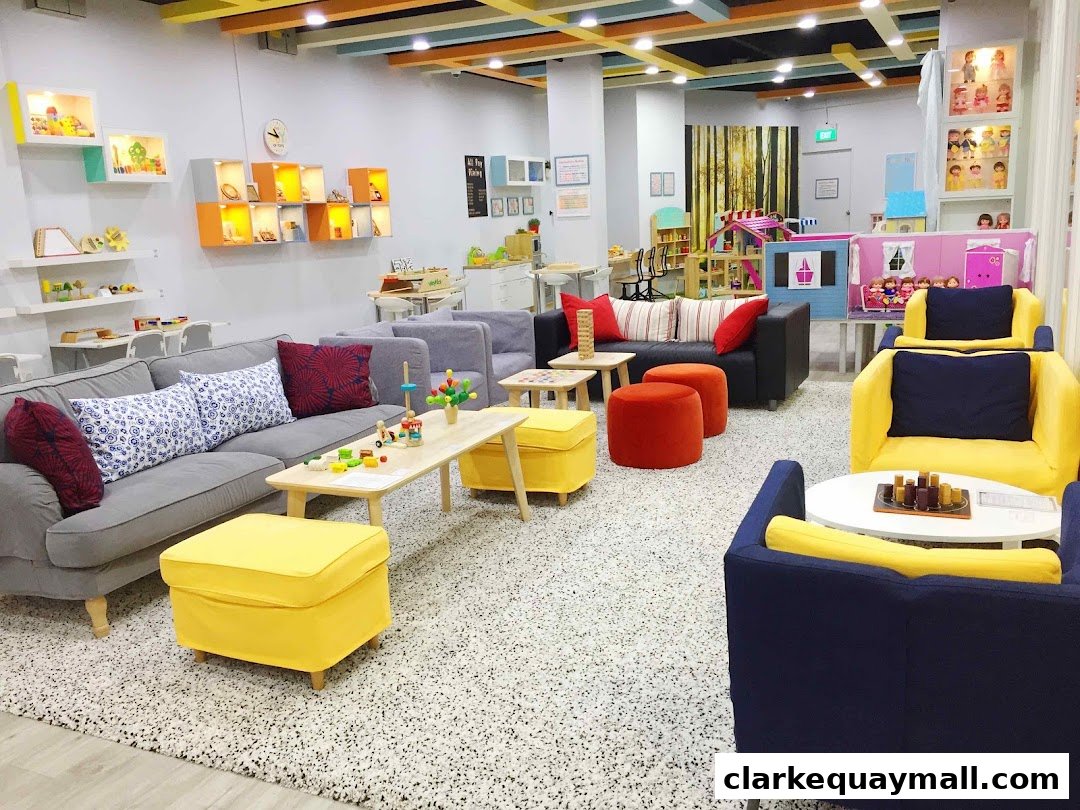 Interior of a brightly lit toy store with colorful seating and displays of toys.