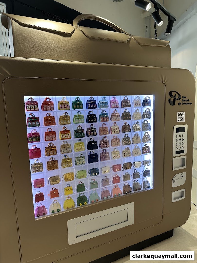A vending machine displaying a collection of miniature handbags in various colors and styles.