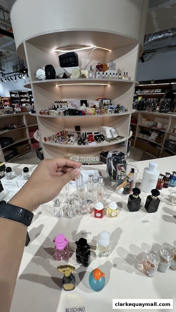 A hand is holding a perfume bottle in a shop displaying various perfumes and accessories.