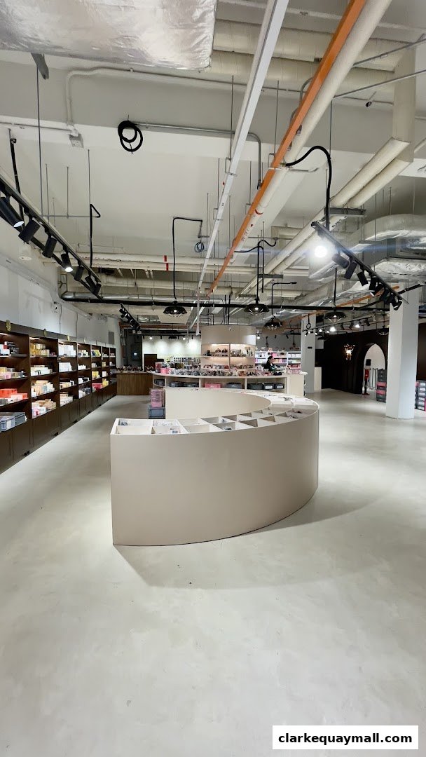 Interior view of a well-lit retail store with shelves displaying products and a central display counter.