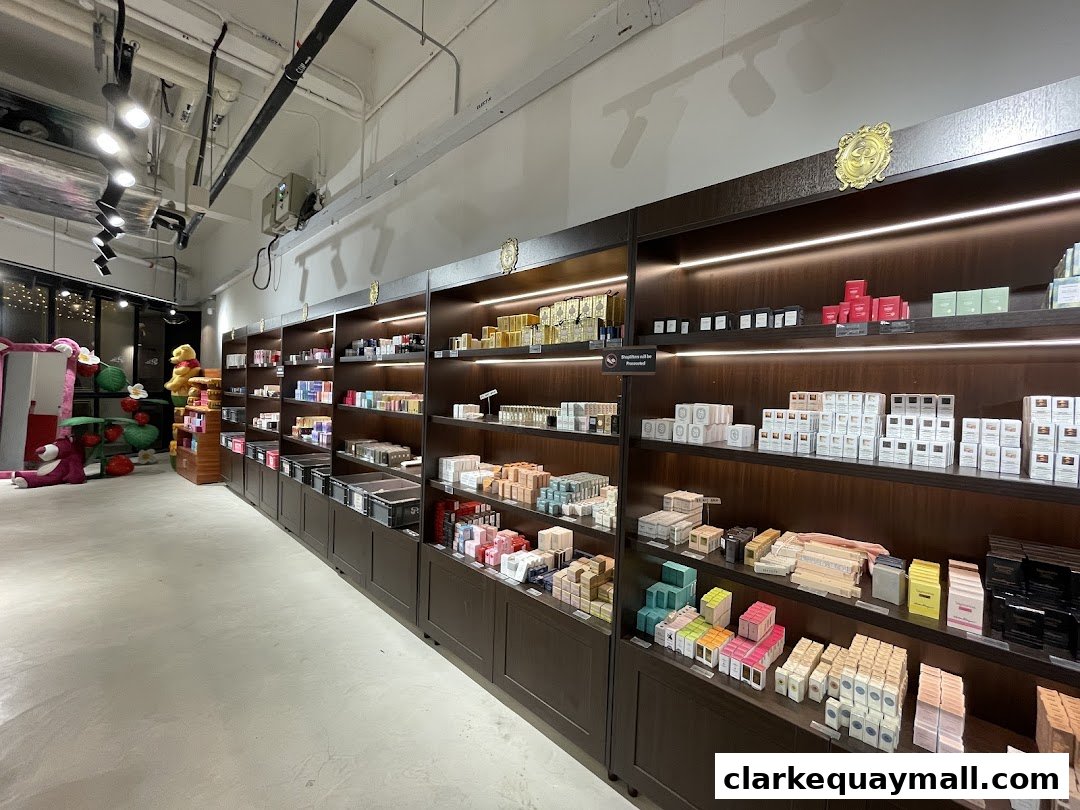 Interior view of a retail store with shelves stocked with various products.