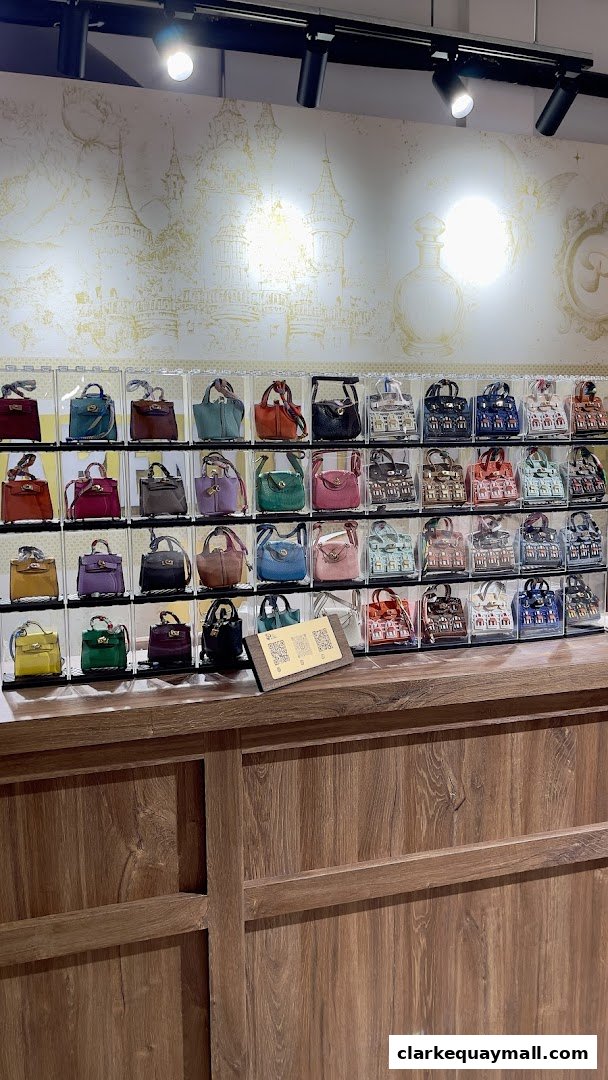 A display of many small, colorful handbags arranged on shelves in a retail store.