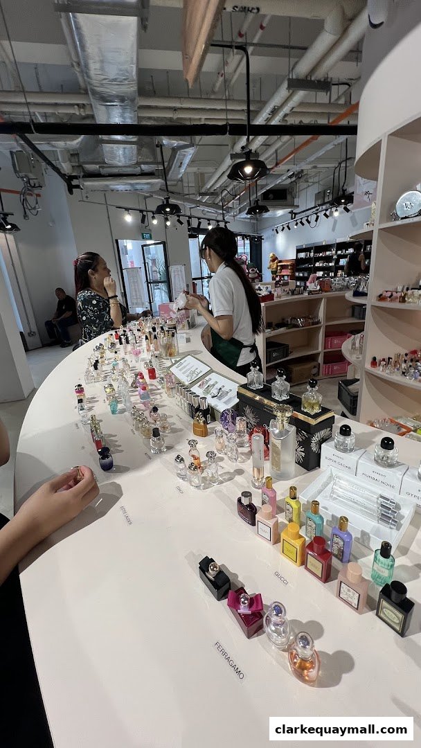 A display of various perfume bottles on a curved counter with customers and staff.
