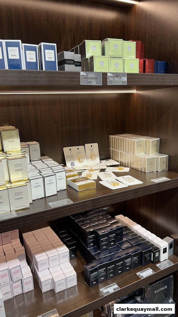 Shelves stocked with various designer perfumes and fragrances in boxes and sample sizes.