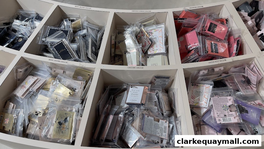 A display of various perfume vials from different brands, neatly organized in compartments.