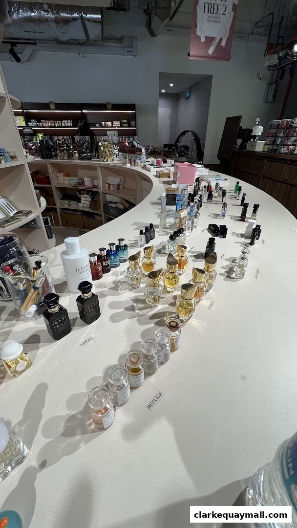 A display of various perfume bottles and testers on a curved counter in a retail store.