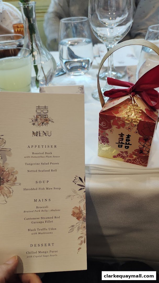 A menu from The Riverhouse Singapore featuring appetizers, soup, mains, and dessert.