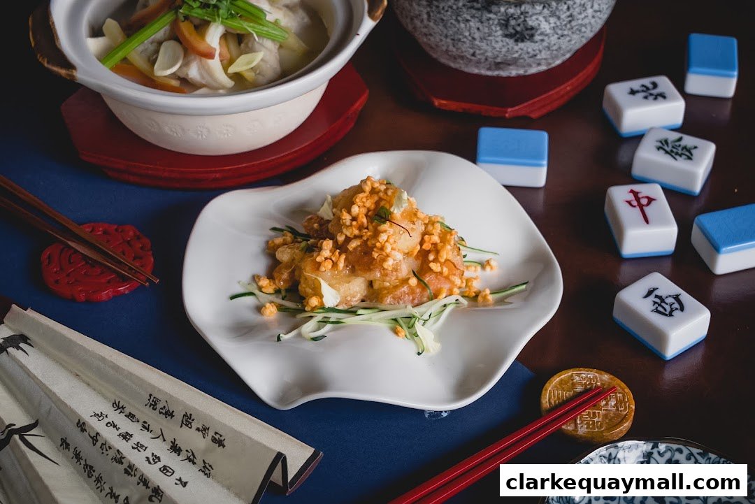A close-up of a gourmet dish with crispy toppings, served with chopsticks and mahjong tiles.