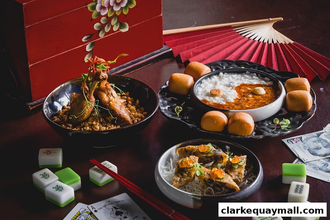 A spread of delicious Asian dishes, including fried chicken, congee, and dumplings, with mahjong tiles and money.