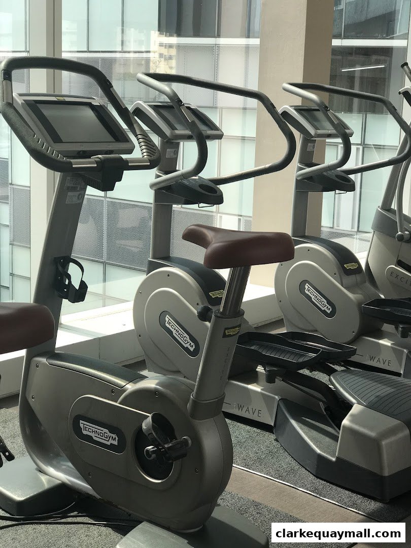 Row of modern exercise bikes and ellipticals in a bright, well-lit gym.