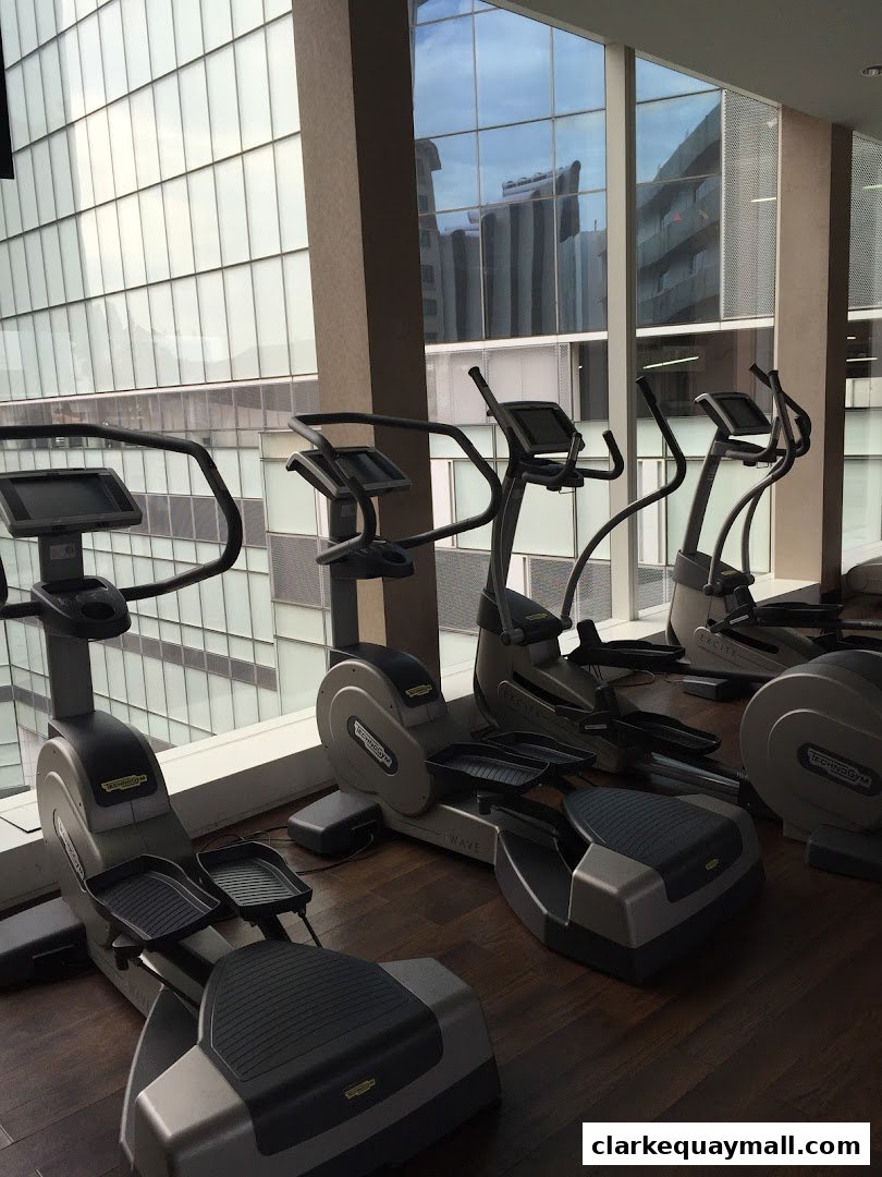 Elliptical exercise machines lined up in a bright gym with large windows.