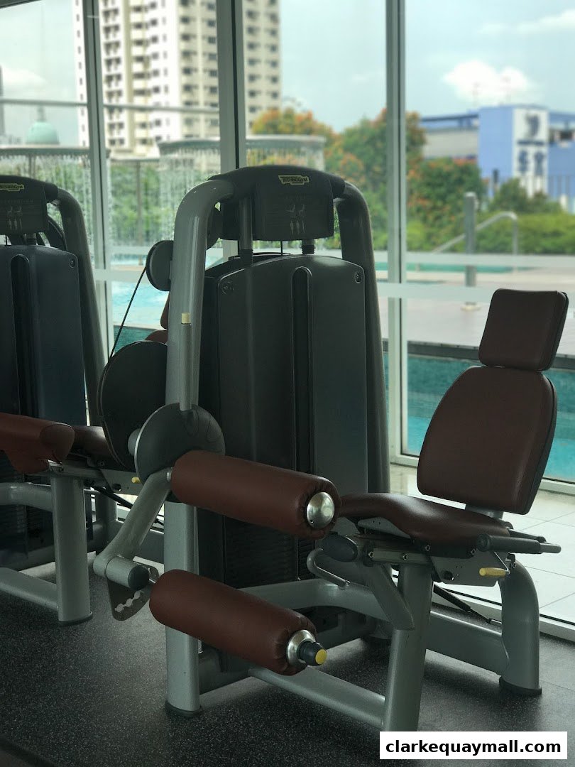Gym equipment with a pool and city view through large windows.