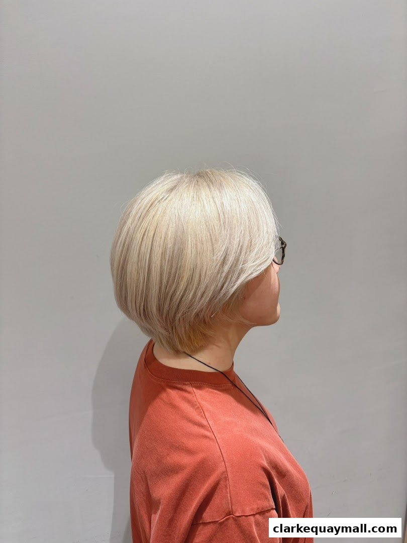 A woman with a stylish blonde bob haircut and glasses, seen from the side.