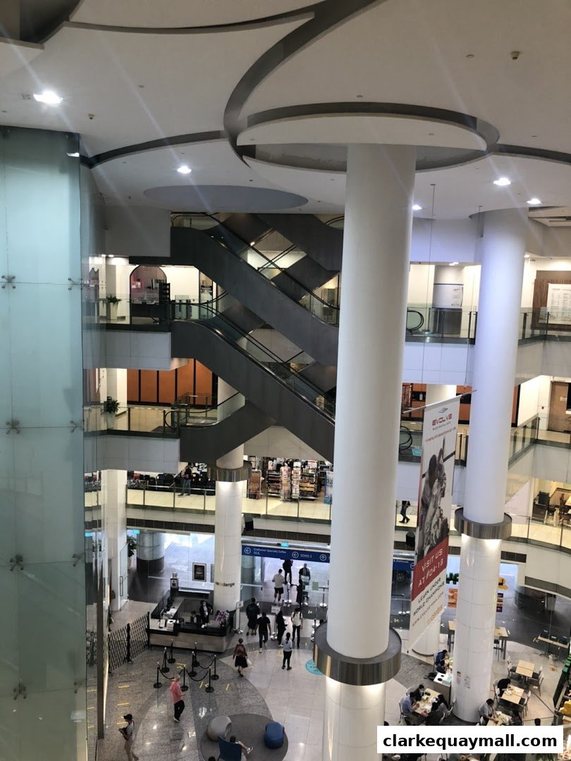 Interior view of a multi-level shopping mall with escalators, shops, and people.