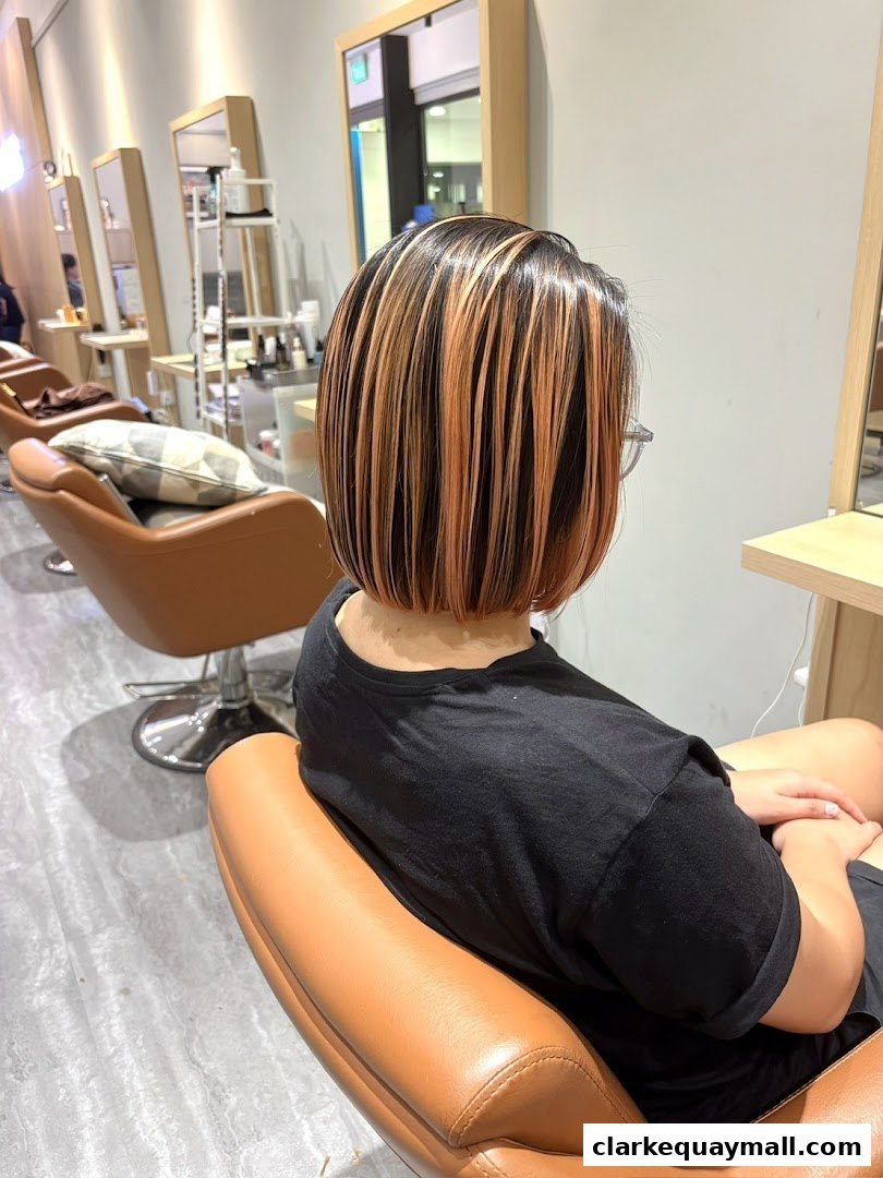 A person with a stylish bob haircut with blonde and brown highlights sits in a salon chair.