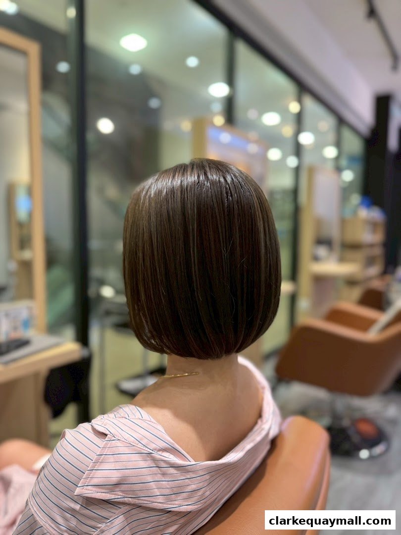 A person with a sleek, dark bob haircut sits in a salon chair, facing away from the camera.