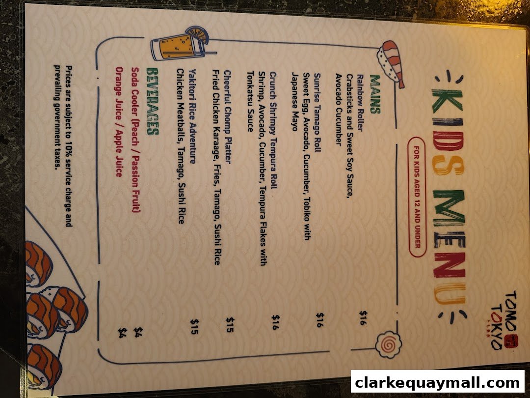 A kids' menu from Tomo Tokyo featuring mains and beverages with prices.