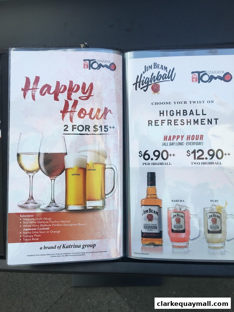 A menu featuring Happy Hour specials for drinks at Tomo Izakaya, including highballs and wine.