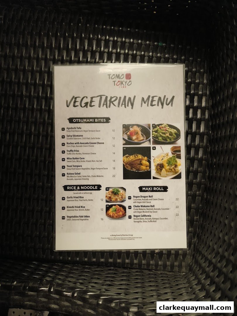 A vegetarian menu from Tomo Tokyo featuring otsumami bites, rice & noodles, and maki rolls.