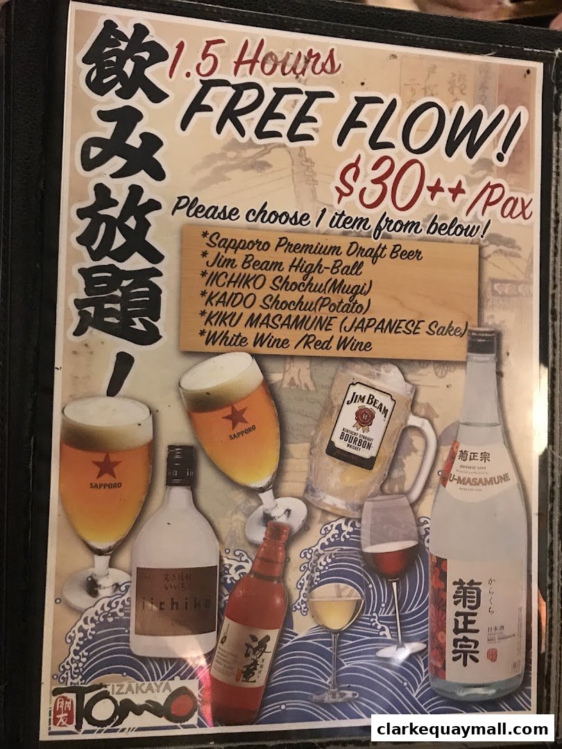A menu offering 1.5 hours of free flow drinks for $30++ per person.