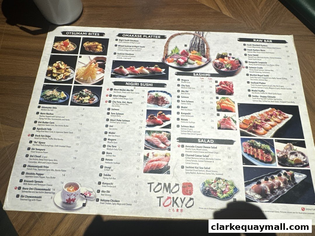 A menu from Tomo Tokyo featuring Omakase Platters, Nigiri Sushi, Sashimi, Raw Bar, and Salads.