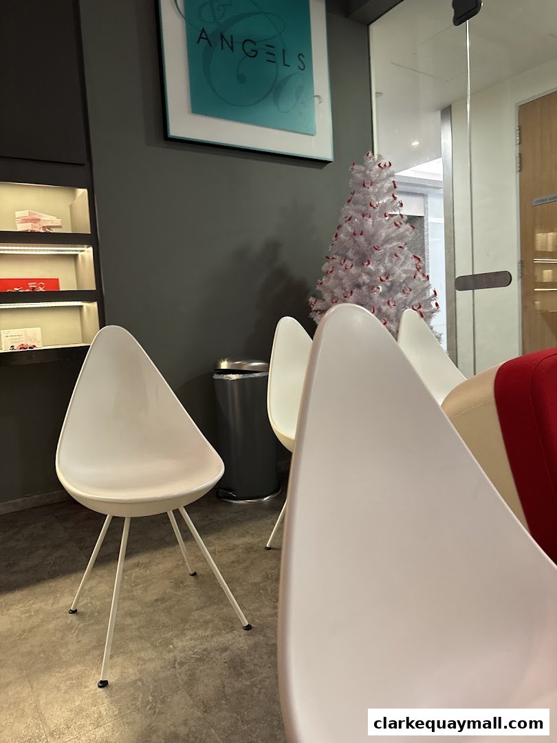 Interior waiting area of a dental clinic with modern chairs and a festive Christmas tree.
