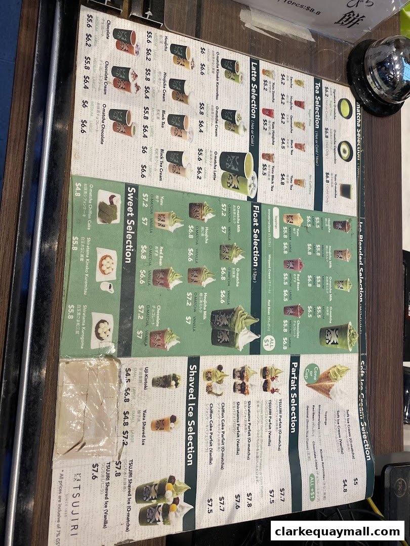 A menu displaying various matcha-based drinks, desserts, and shaved ice.