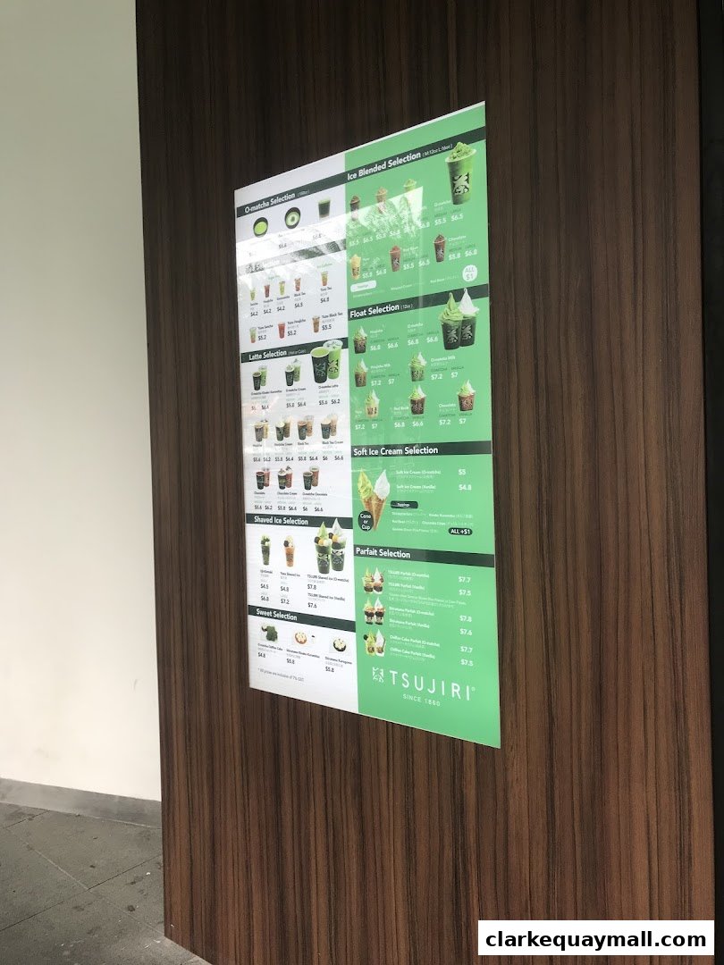 A menu board for TSUJIRI featuring various matcha-based drinks and desserts.