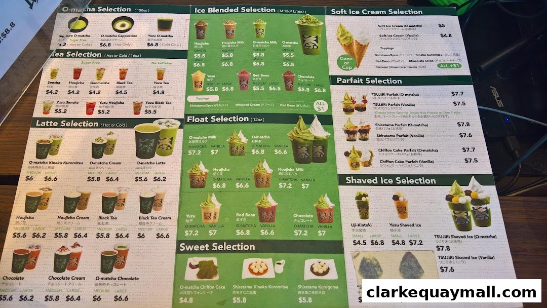 A menu for TSUJIRI The Central Store, featuring matcha and other flavored drinks, ice creams, parfaits, and shaved ice.