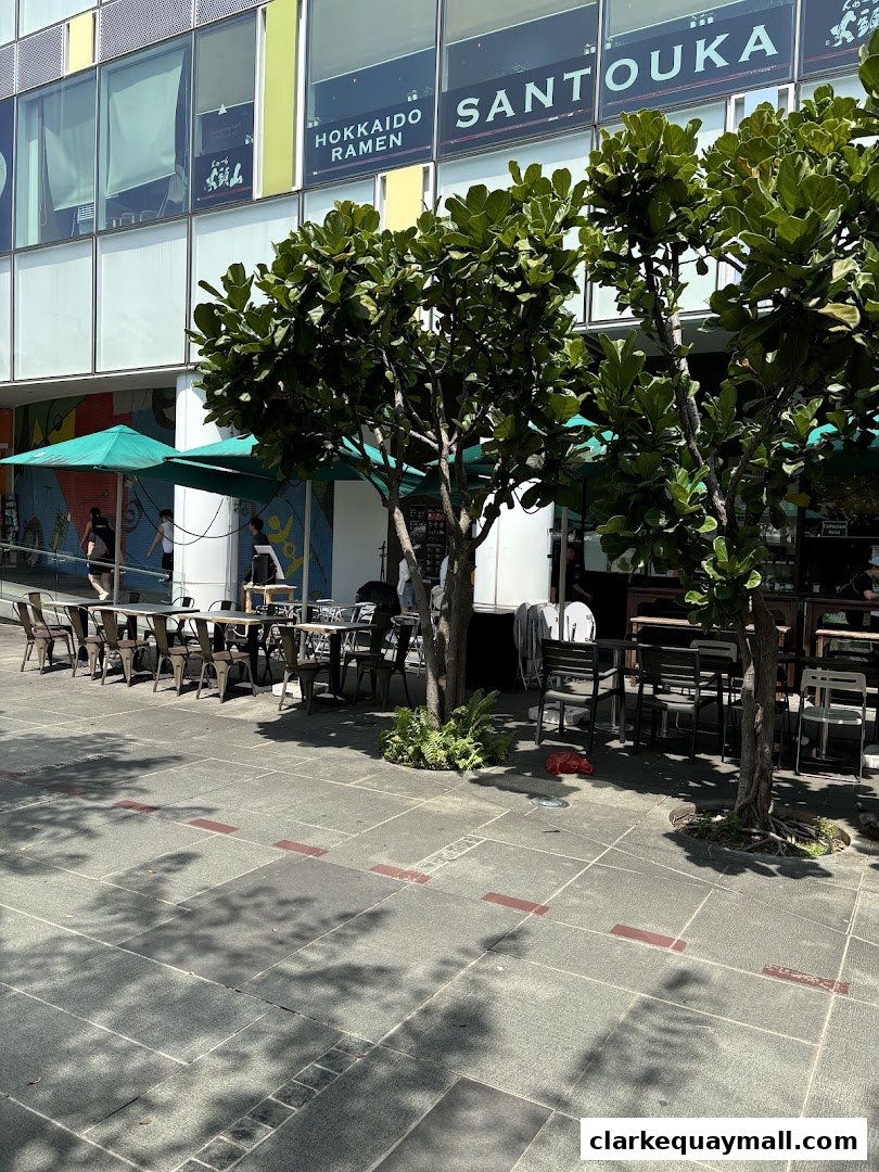Outdoor seating area in front of a shop with trees and tables.