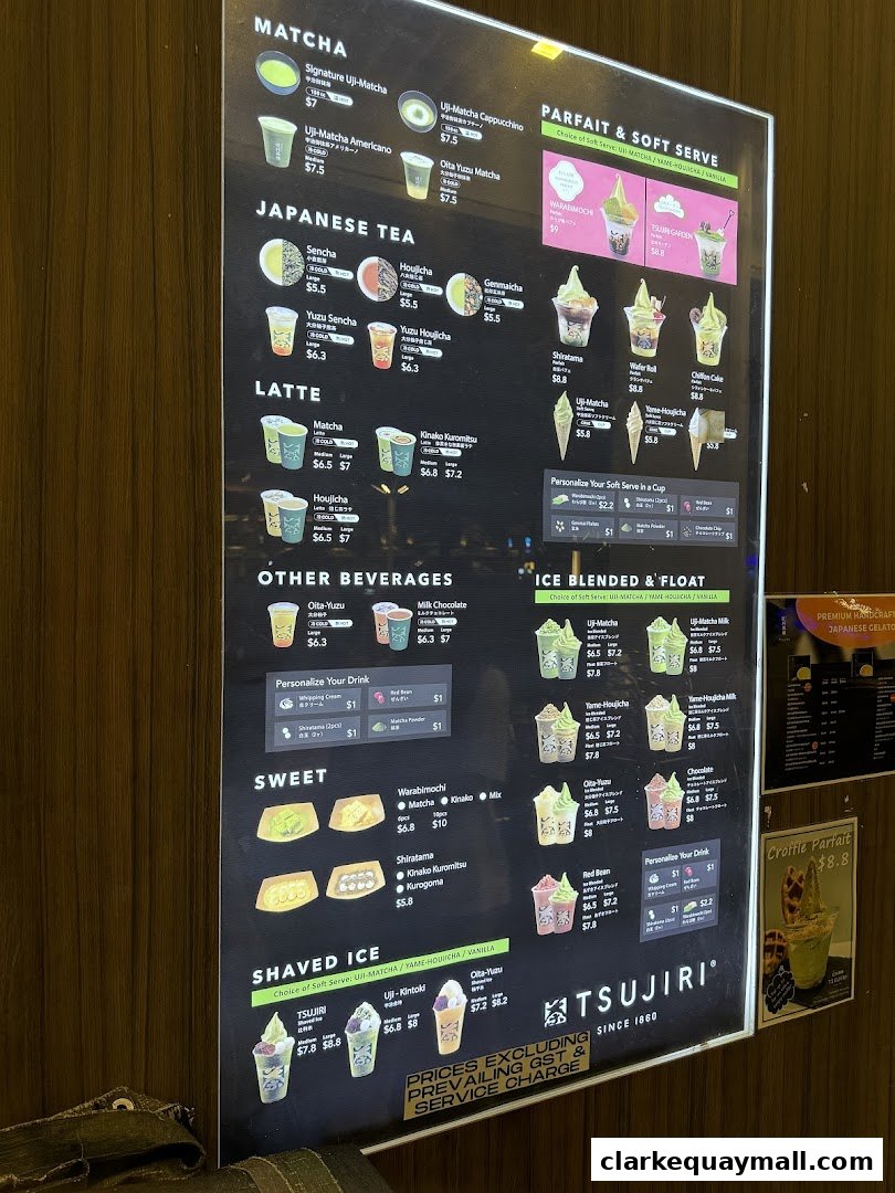 A menu board for TSUJIRI The Central Store, featuring matcha drinks, parfaits, and shaved ice.