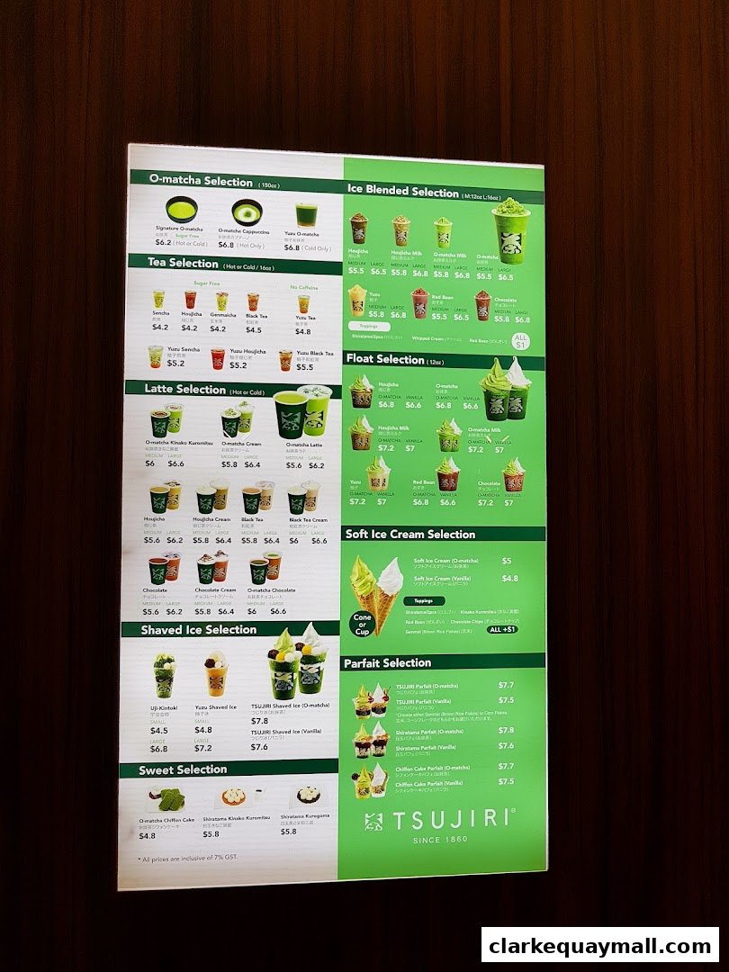 A menu board displaying various matcha and ice cream desserts and drinks.