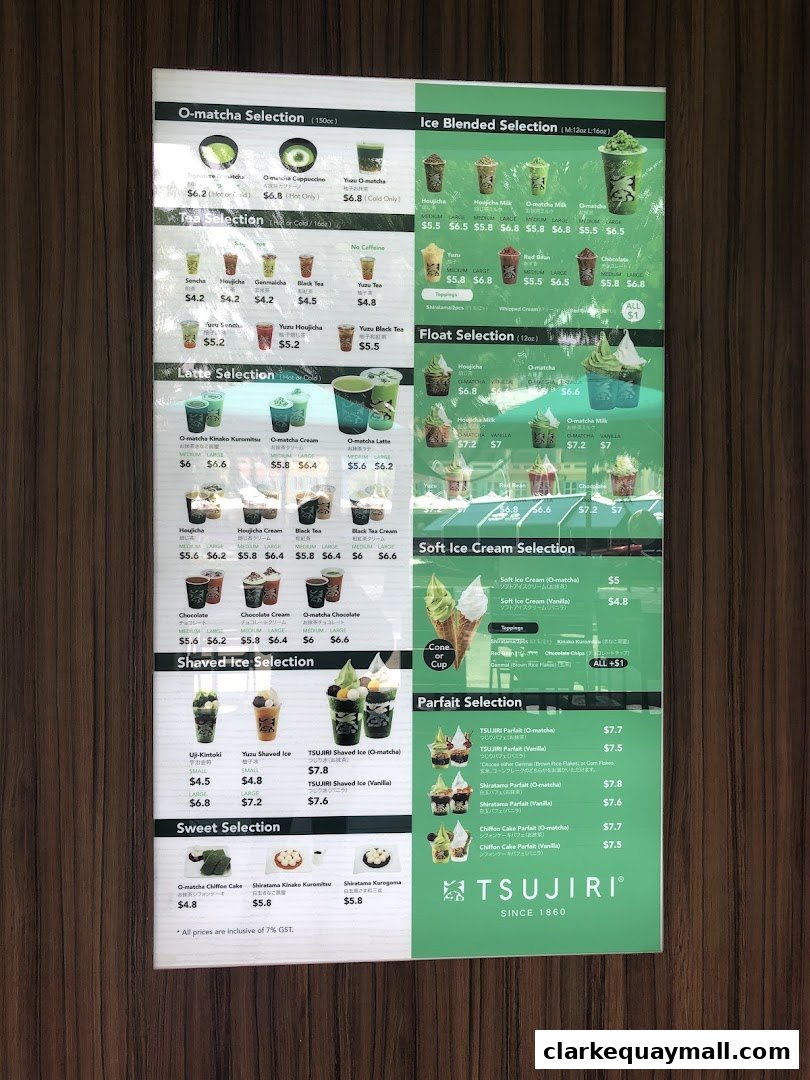 A menu board for TSUJIRI The Central Store, featuring matcha-based drinks, ice cream, and desserts.