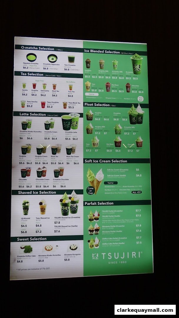 A menu for TSUJIRI The Central Store, featuring matcha-based drinks, desserts, and parfaits.