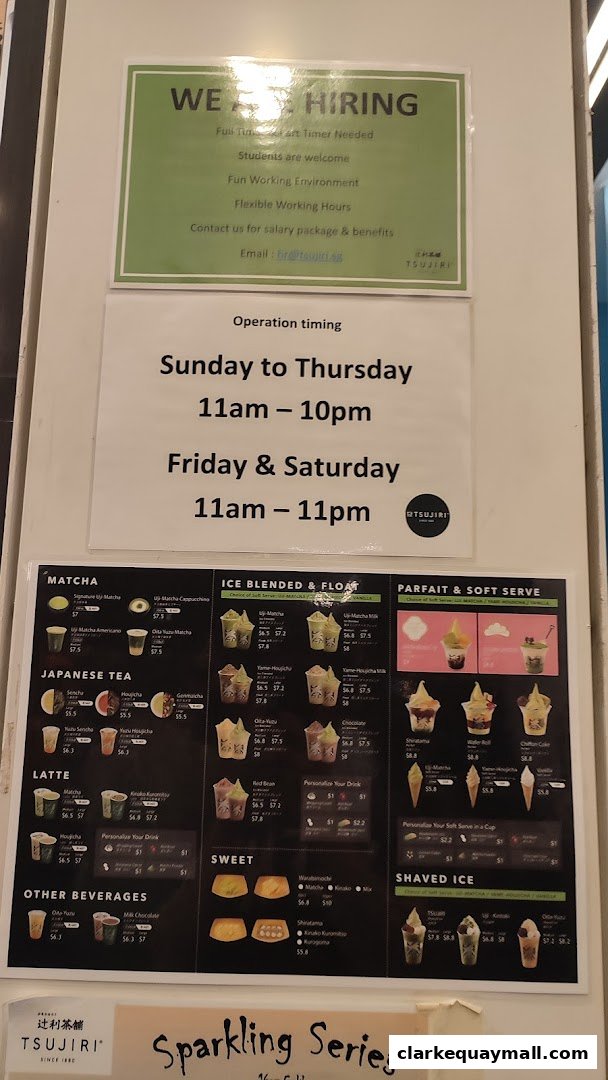 A menu board for TSUJIRI The Central Store, showcasing matcha drinks, parfaits, and sweets.