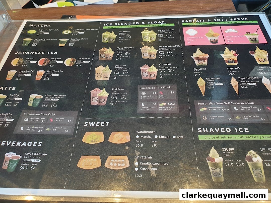 A menu for TSUJIRI The Central Store, featuring matcha, Japanese tea, lattes, parfaits, soft serve, and shaved ice.