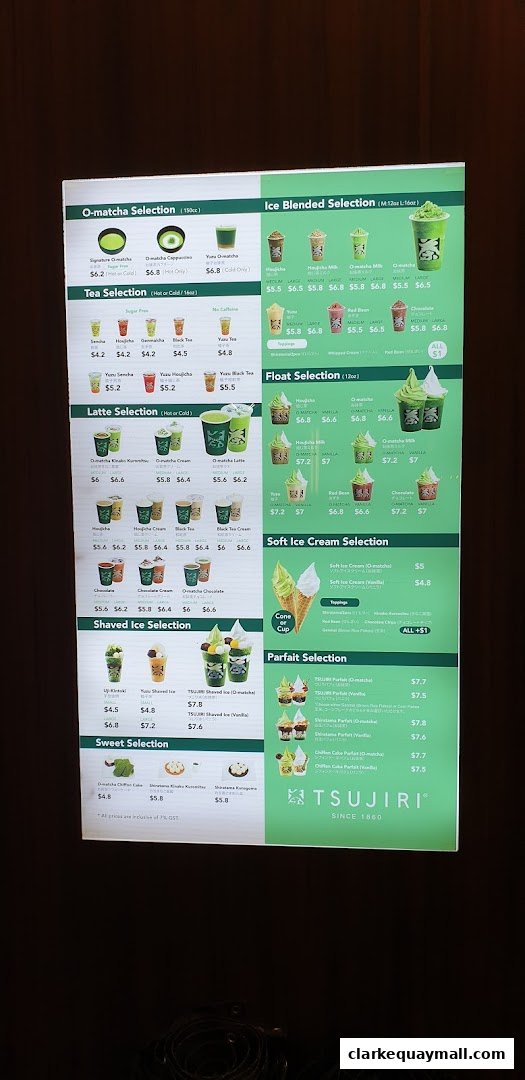 A menu board displaying various matcha and tea-based drinks, ice creams, and parfaits from TSUJIRI.
