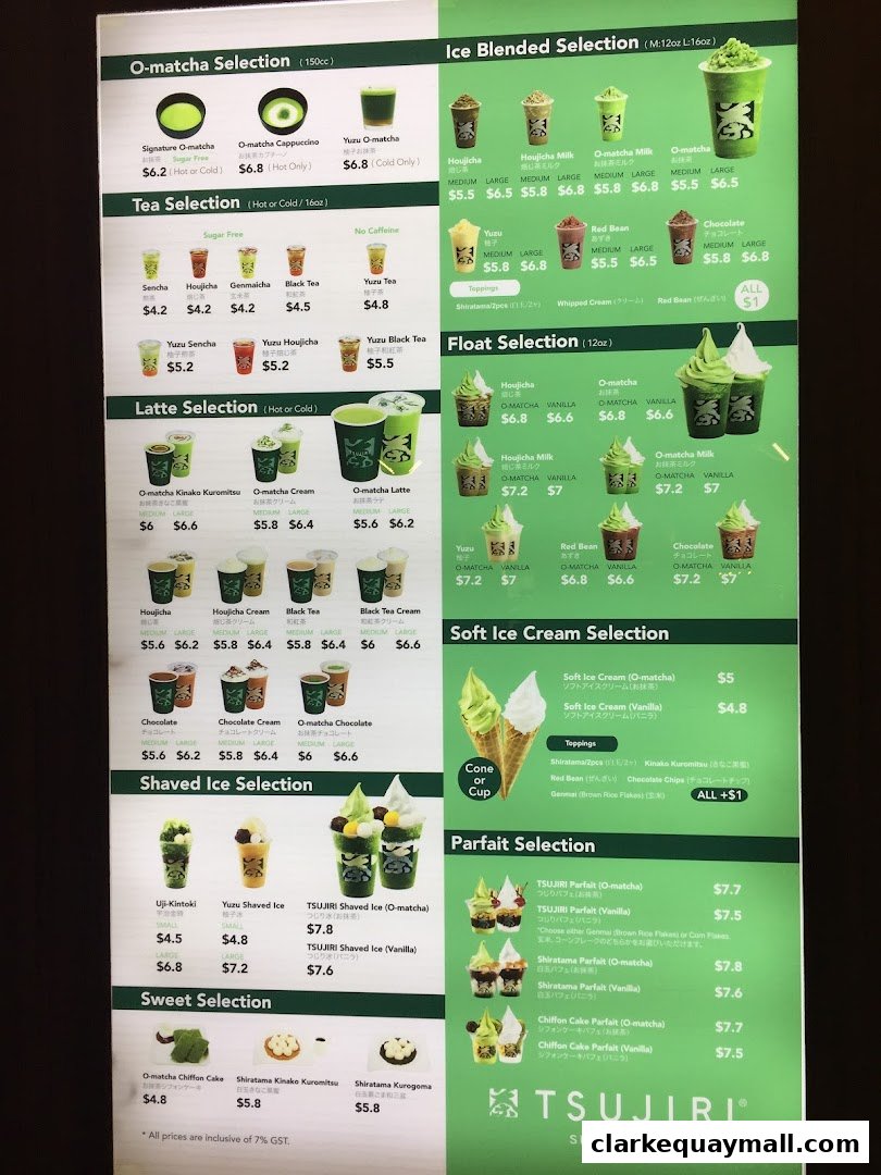 A menu for TSUJIRI featuring various matcha and other flavored drinks, ice cream, and parfaits.